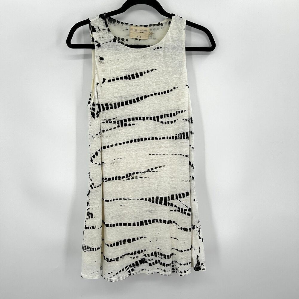 ALICE + OLIVIA Off White Black 100% Linen Sleeveless Shift Mini Dress Size XS
